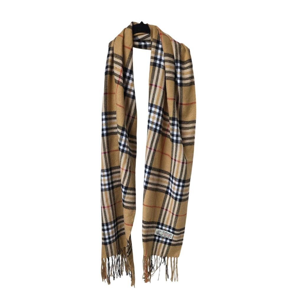 Cashmere Feel Tartan Plaid Fringe Scarft Tan Soft Luxury Italy Design